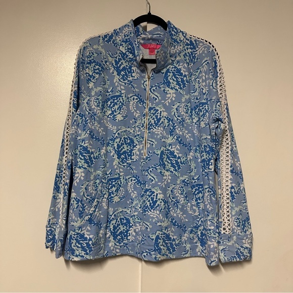 Lilly Pulitzer Jackets & Blazers - Lilly Pulitzer blue turtle print quarter zip kangaroo pocket Jacket size XL